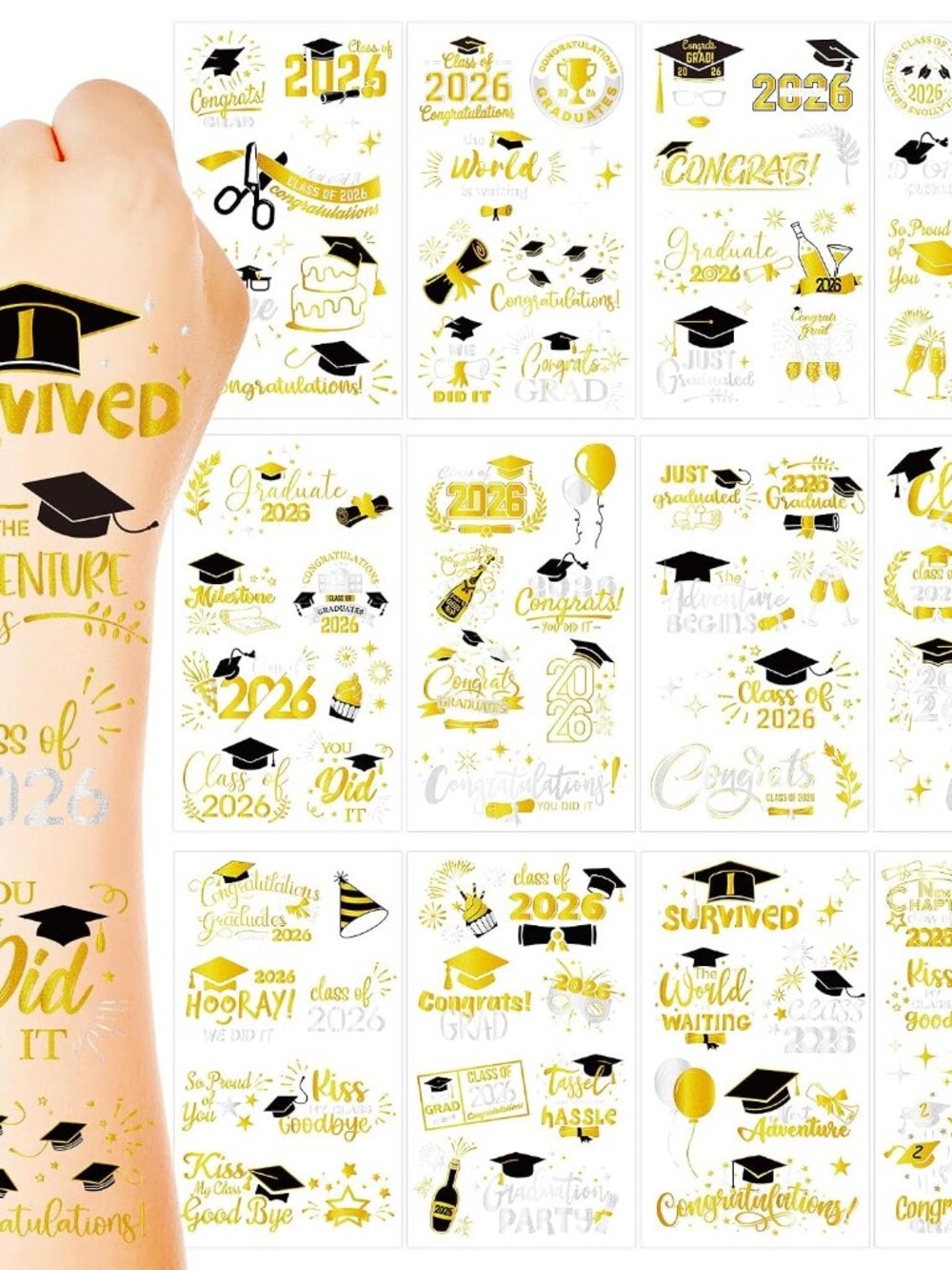 96 Pcs Grad Temporary Tattoos, 12 Sheets Foil Metallic Grad Glitter Tattoos Bulk